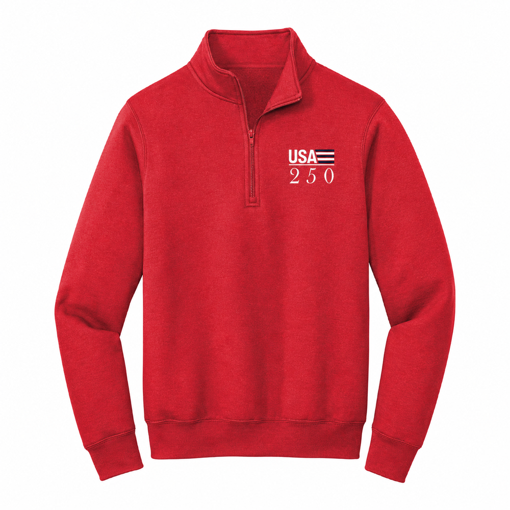 Fleece 1/4-Zip Pullover Sweatshirt | Embroidered — Red, front view
