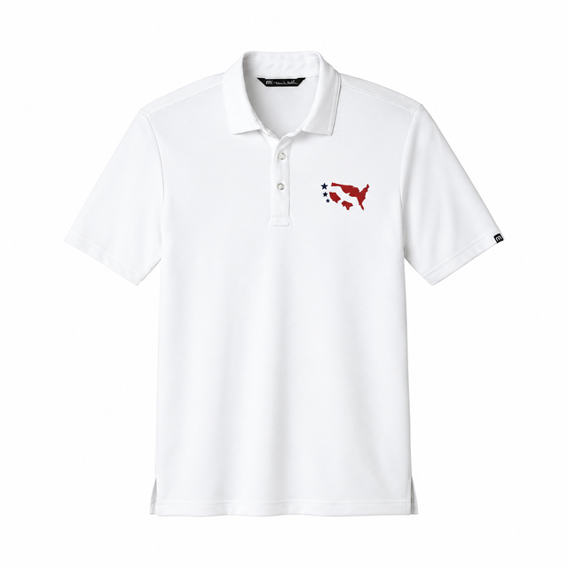 TravisMathew Coto Performance Polo — White, front view